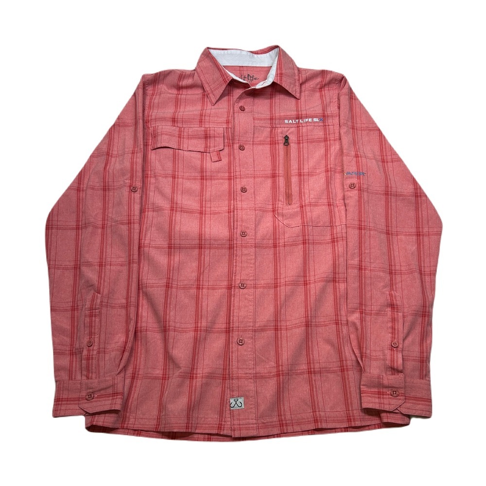 Salt Life SLX UVapor Fishing Shirt Mens Small Red Plaid Roll-Up Long Sleeve‎